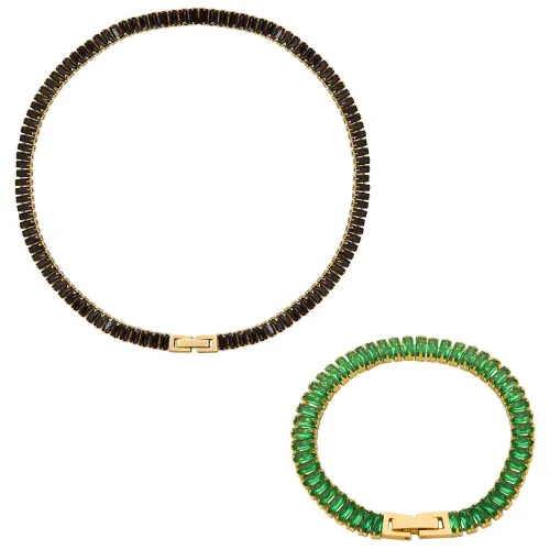FXBT49 Multicolor Diamond & Zircon Inlaid Jewelry Set Necklace and Bracelet Ensemble