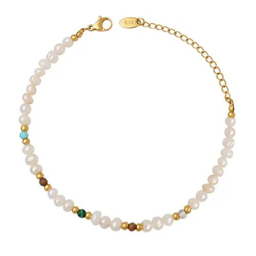FXBT71 Boho Chic Freshwater Pearl & Natural Stone Beaded Bracelet Gold Plated Jewelry