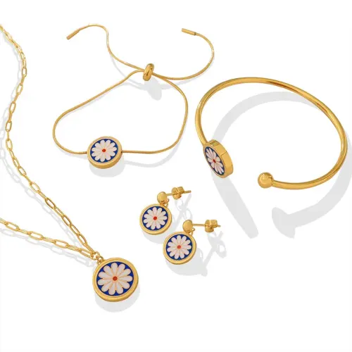 FXBT63 Daisy Charm Gold Plated Jewelry Set Necklace Bracelet & Earrings for Women