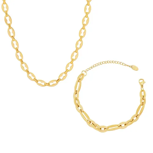 FXBT79 Hip-Hop 18K Gold Plated Geometric Stacked Chain Bracelet & Necklace Set