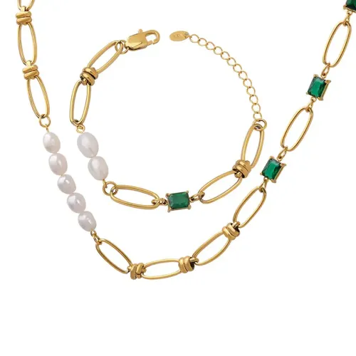 FXBT208 Emerald Zircon & Freshwater Pearl Necklace Bracelet Set Luxe Jewelry Ensemble