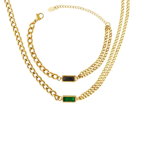 FXBT64 Women's Gold-Plated Zircon Double Chain Necklace & Stacking Bracelet Set