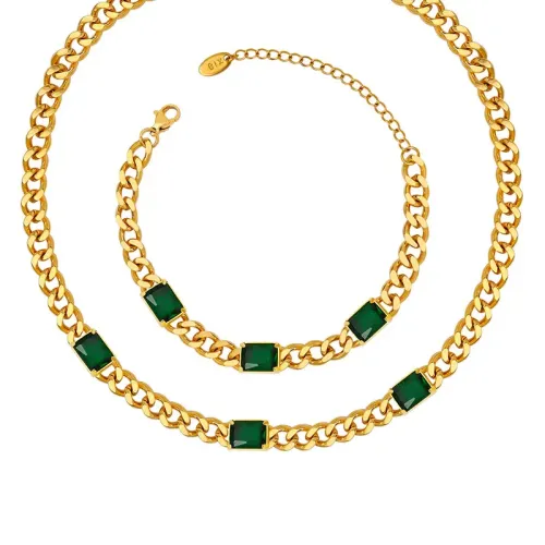 FXBT123 Hip Hop Green Glass Stone Pendant Cuban Chain Necklace & Bracelet Set Wholesale
