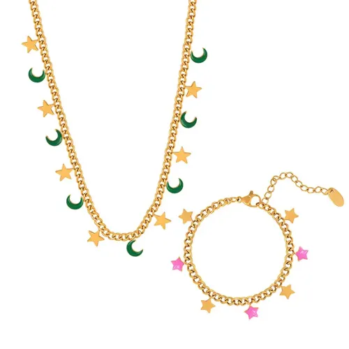 FXBT157 Charming Star & Moon Necklace and Bracelet Set Celestial Women's Jewelry Ensemble