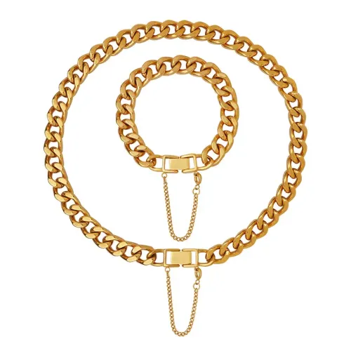 FXBT134 Gold Plated Thick Chain Bracelet & Cuban Necklace Set Hip Hop Jewelry