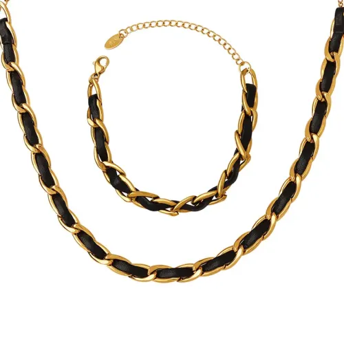 FXBT124 Little Girl's Braided Leather Cord Jewelry Set Necklace & Bracelet Accessories