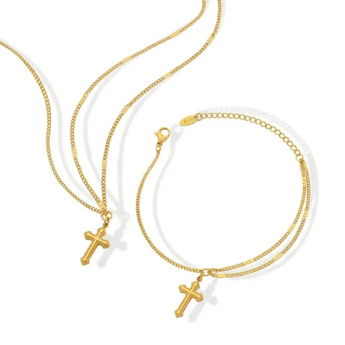 FXBT54 Hip Hop 18K Gold-Plated Cross Jewelry Set Bracelet & Necklace Combo