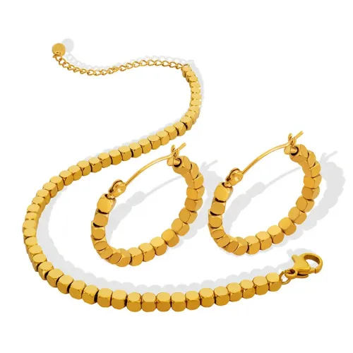 FXBT220 Versatile Gold-Plated Cube Jewelry Set with Detachable Bracelet & Earrings
