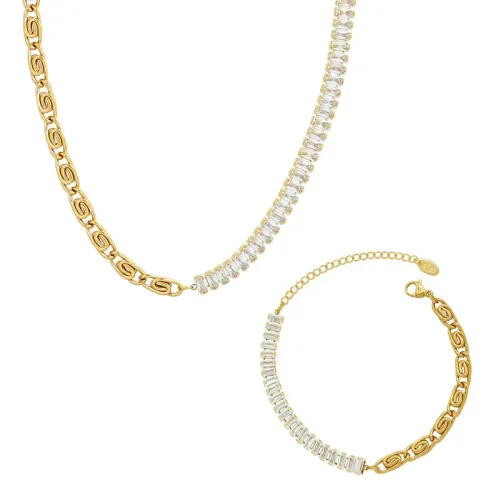 FXBT295 18K Real Gold Plated Zircon Spliced Loop Necklace & Bracelet Jewelry Set