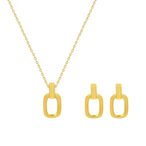 FXBT10 Elegant 18K Real Gold-Plated Oval Pendant Necklace & Earrings Set