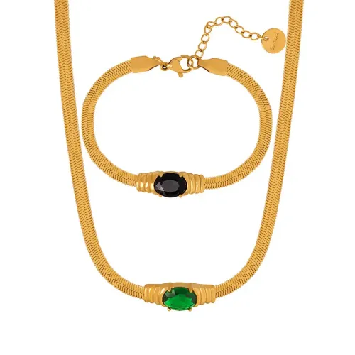 FXBT62 Girls' Geometric Zircon Jewelry Set Colorful Glass Stone Necklace & Bracelet