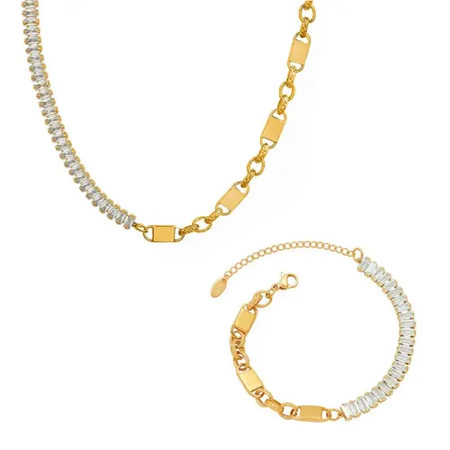 FXBT228 18K Real Gold Plated Zircon Splicing Necklace & Bracelet Set Luxury Jewelry