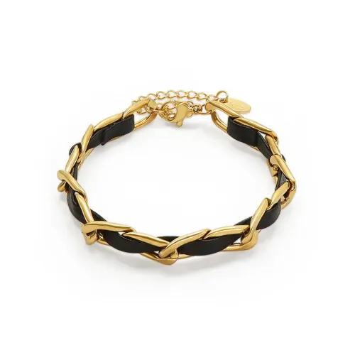 FXBT153 18K Gold Couples Bracelet on Leather Cord Women's Chic Chain Jewelry