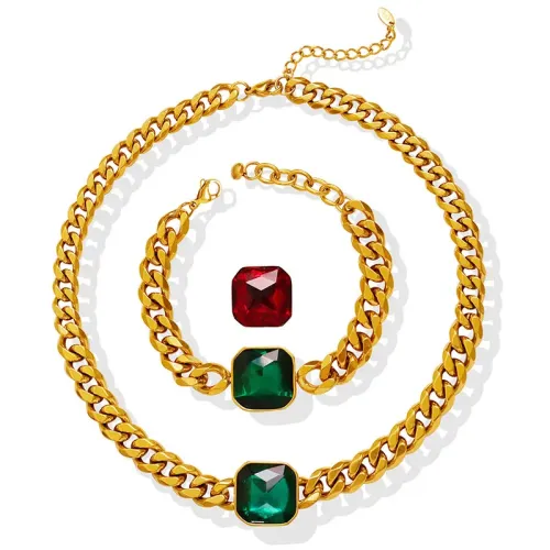 FXBT113 Gold-Plated Unisex Jewelry Set with Crystal Stone Necklace & Cuban Chain Bracelet
