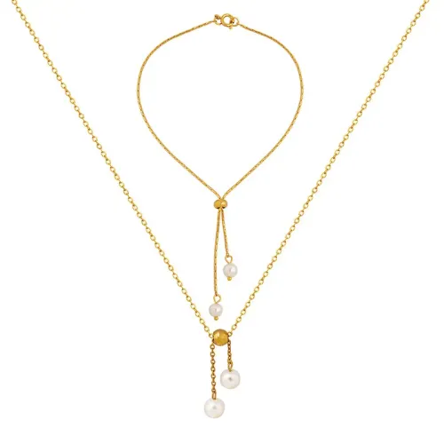 FXBT69 Elegant Pearl Necklace & Bracelet Set with Square Drop Chain Versatile Jewelry Ensemble