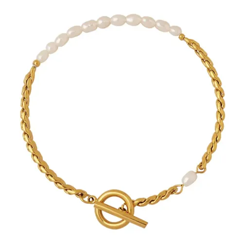 FXBT5 Elegant 18K Gold Plated Freshwater Pearl Bracelet with OT Buckle Clasp