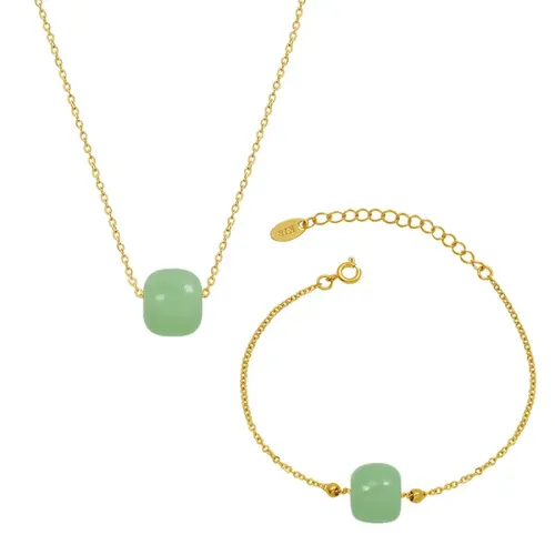 FXBT230 Elegant Hetian Jade Pendant & Bracelet Set 18K Gold Plated Fine Jewelry