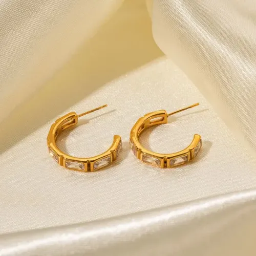 JDET37 Chic CShaped Hoop Earrings for Women with Sparkling Zirconia, Modern Stainless Steel