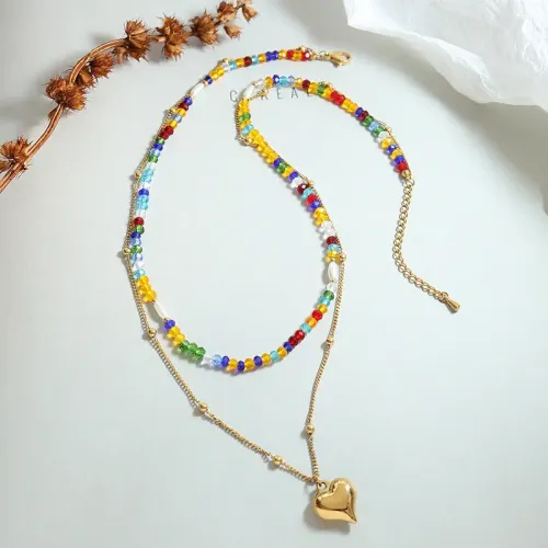 FXNT985 Bohemian Double-Layered Love Pendant Necklace with Colorful Beads Travel Vacation Clavicle Chain
