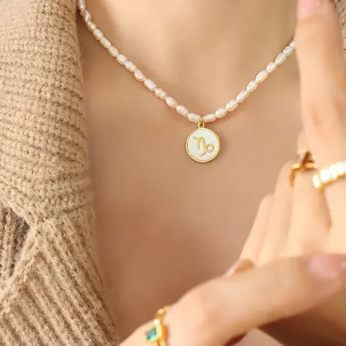 FXNT961 Freshwater Pearl Necklace with Shell Inlaid Zodiac Medal Pendants Astrology Jewelry