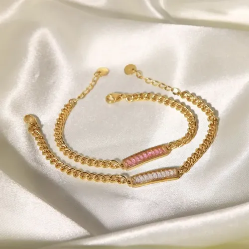 ZTBT209 Women's 14K Gold Bracelet with Pink & White Zircon Square Pendant Stainless Steel Chain