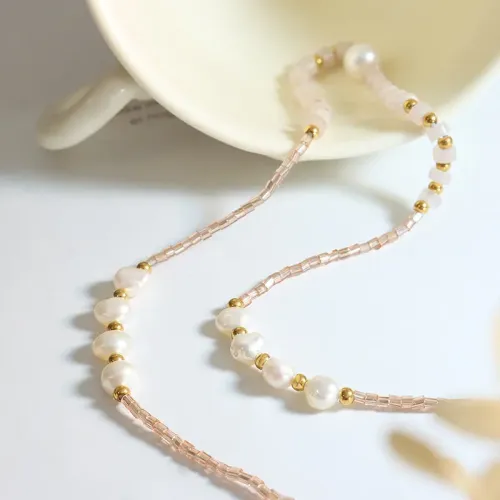 FXNT965 Boho Chic Natural Stone and Glass Bead Spliced Necklace with Freshwater Pearls for Women