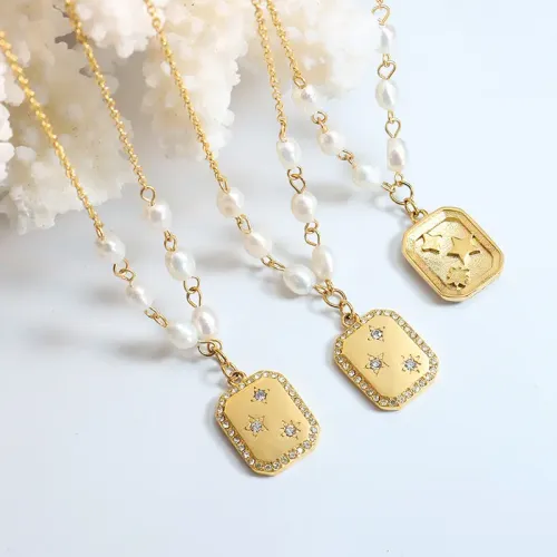 FXNT963 Double-Sided Full Diamond Zircon Square Pendant Freshwater Pearl Necklace Versatile Jewelry