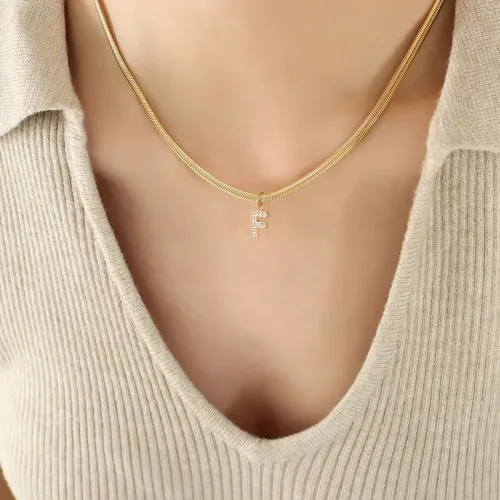 FXNT970 Chic Full Diamond Zircon Letter Pendant with Blade Chain Necklace, Trendy Personalized Jewelry
