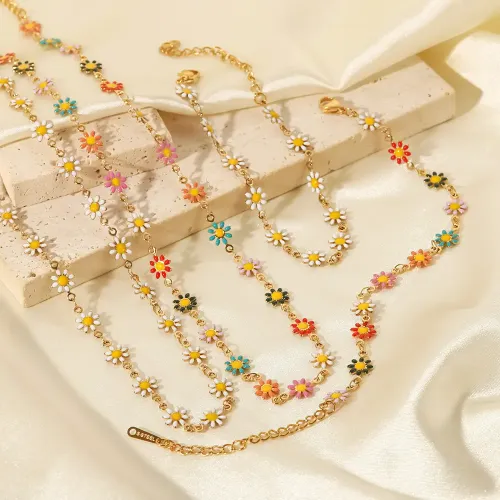 ZTNT402 18K White Gold Small Daisy Chain Jewelry Set Necklace & Bracelet Combo