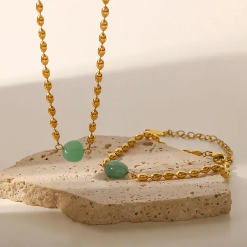 JDET175 Green Oval Natural Stone Bracelet/Necklace | Elegant Gold Bean Clasp