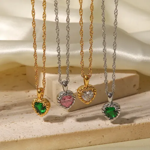 ZTNT454 White Gold Plated Stainless Steel Necklace with Pink & Green Zircon Love Pendant