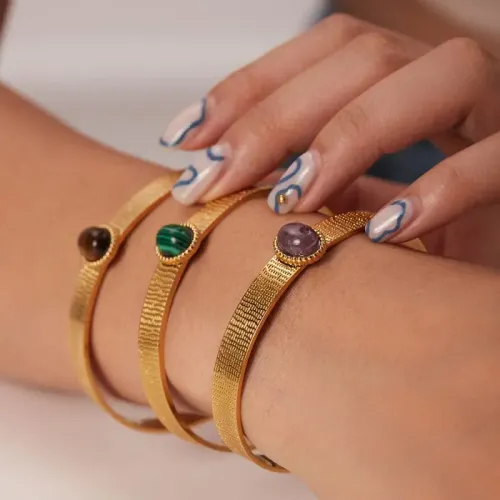 ZTBT69 18K Gold-Plated Stainless Steel Bracelet with Tiger Eye Green Malachite & Purple Agate for Women