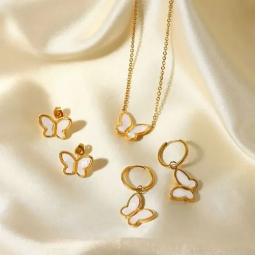 JDET309 18K Gold-Plated Butterfly Earrings with Natural White Shell & Matching Stainless Steel Necklace