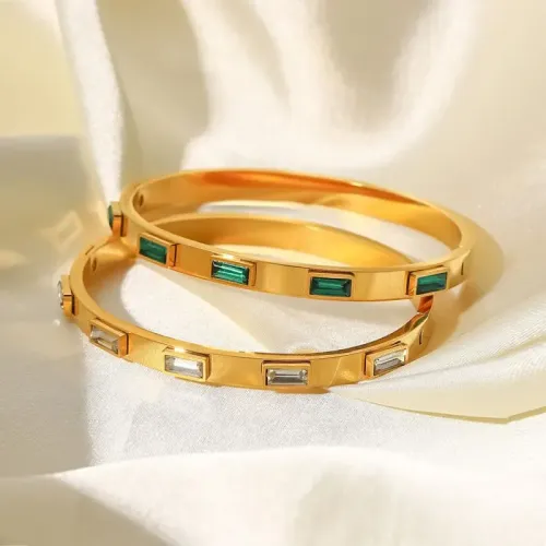 ZTBT119 Elegant Women's Stainless Steel Bracelet with Green & White Rectangular Zircon