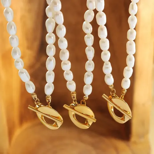 FXNT964 Baroque Freshwater Pearl Strand Necklace with Geometric OT Buckle Pendant