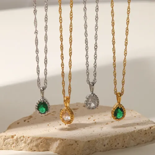 ZTNT420 18K Gold-Plated Twist Chain Necklace with Multicolor Zircon Drop Pendant for Women