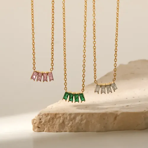 ZTNT421 K Gold-Plated Stainless Steel Necklace with Pink White & Green Zircon Rectangular Pendant
