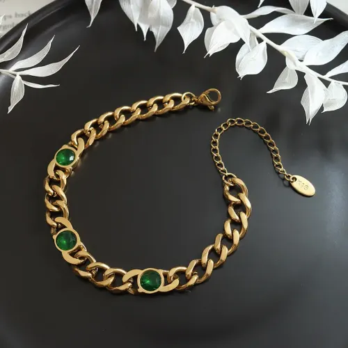 FXNT977 Gold-Plated Cuban Chain Set with White & Green Zirconia Necklace and Bracelet