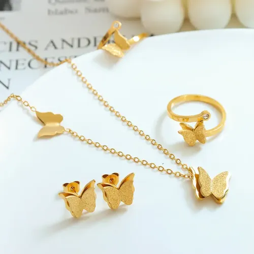 FXNT150 Elegant Frosted Butterfly Pendant & Earrings Ring Set Chic Jewelry Ensemble