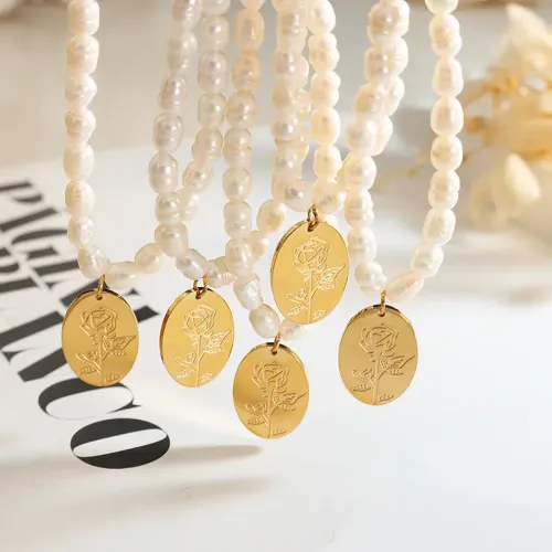 FXNT968 Baroque Freshwater Pearl Necklace with Inlaid Rose Pendant, Oval Brand Luxury Jewelry