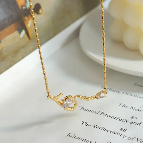 FXNT972 Chic Gold-Plated Brass Tree Root Zircon Pendant Necklace, Unique Wrapped Jewelry Design