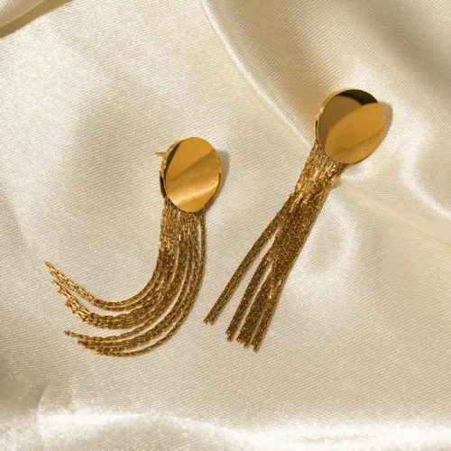 JDET693 16K Gold Plated Long Tassel Round Stud Earrings Stainless Steel for Women