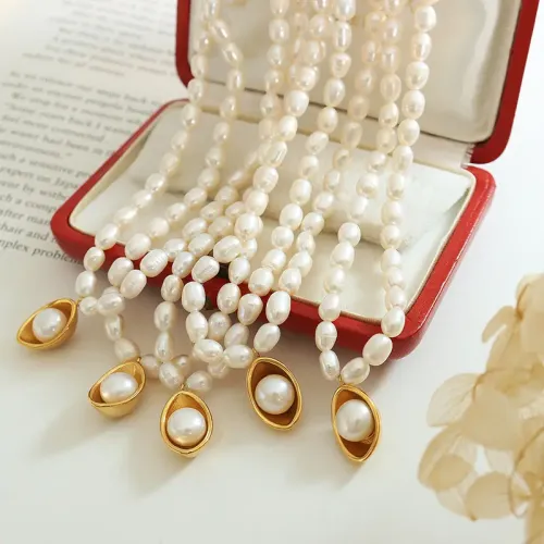 FXNT983 Freshwater Pearl Clavicle Necklace, Hong Kong Gold Ingot Design, Elegant Temperament Jewelry with Direct Shipping