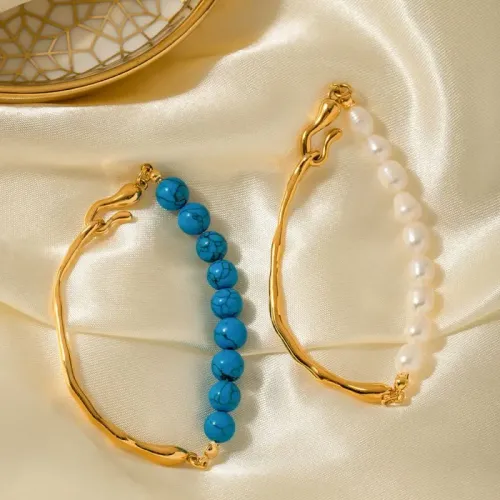ZTBT78 Chic Women's Blue Turquoise & Natural Pearl Bracelet in Stainless Steel