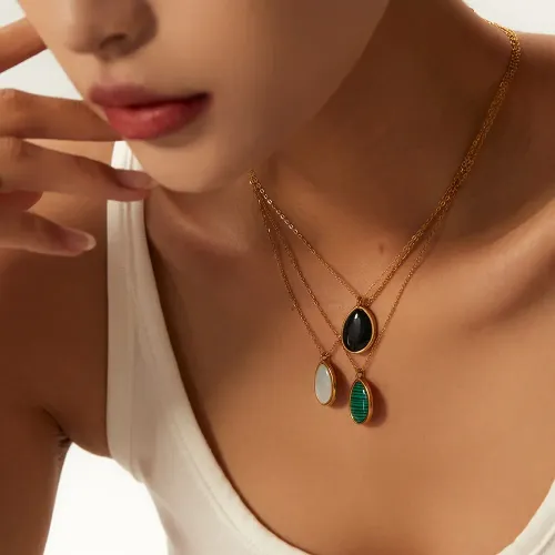 ZTNT321 18K Gold-Plated Drop Necklace with Black Onyx Opal & Green Malachite Stainless Steel