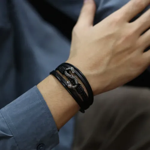 BTM134 -woven leather bracelet trendy magnetic buckle double snakeskin bracelet for men