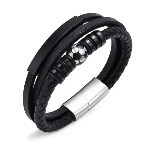 BTM458 Stainless steel curved baseball and football microfiber leather three-layer bracelet