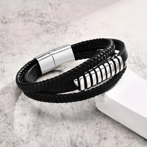 BTM419 Stainless steel PU black leather bracelet titanium steel jewelry