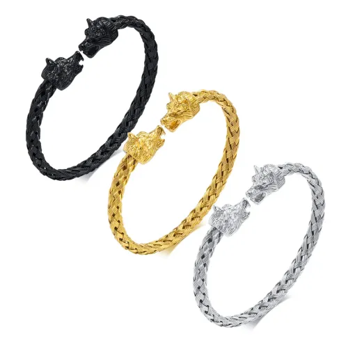 BTM481 Stainless Steel Braided Wolf Head Open Bracelet Gold Black Men's Hip Hop Bracelet