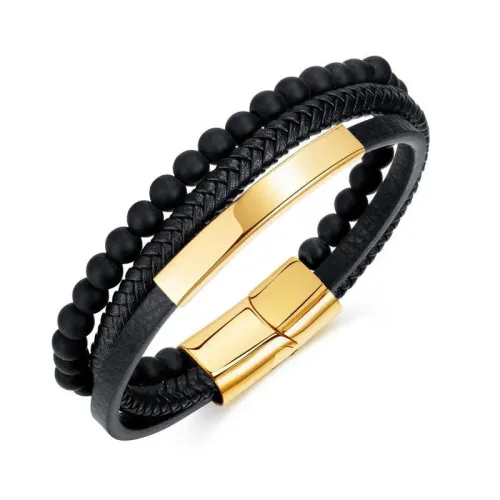 BTM171 Titanium steel curved magnetic buckle glass beads men's multi-layer woven leather bracelet